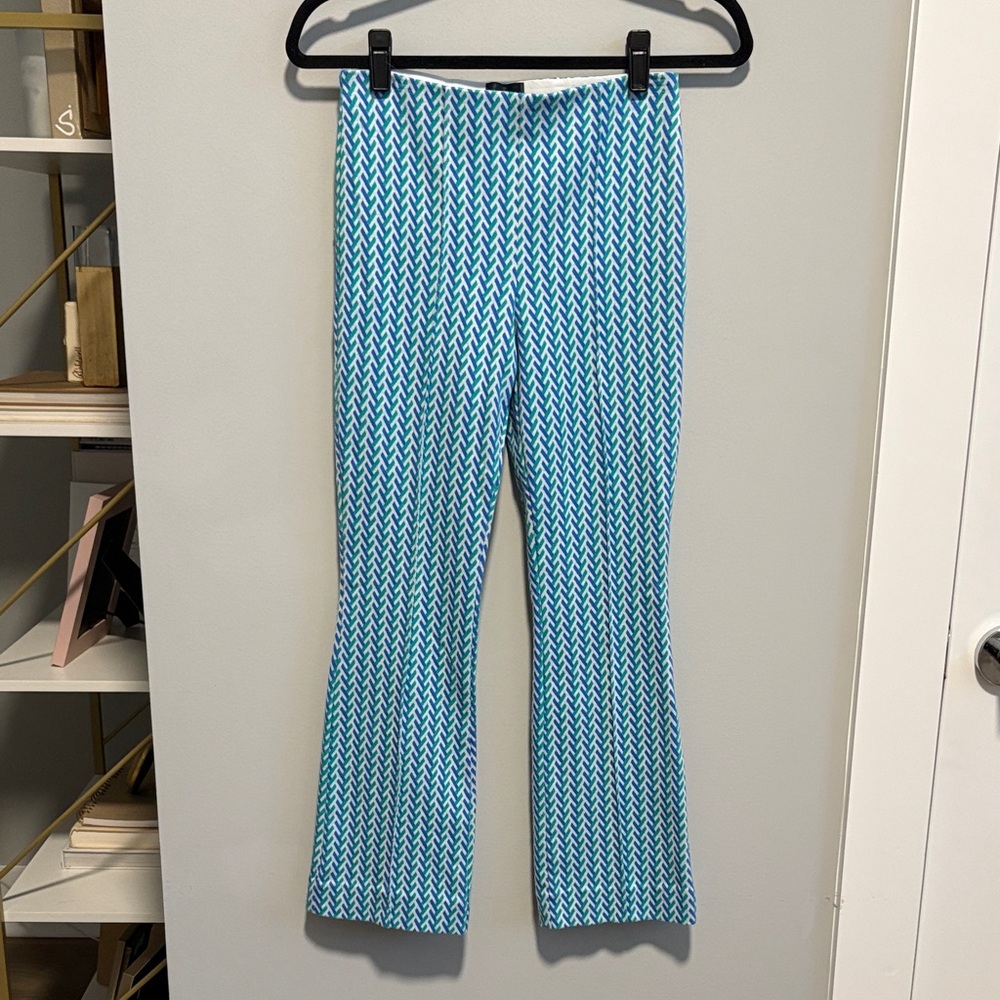 Maeve by Anthropologie Margot Blue and White Patterned Flare Pants